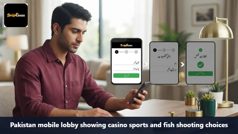Pakistan mobile lobby showing casino sports and fish shooting choices