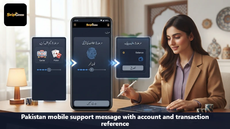 Pakistan mobile support message with account and transaction reference