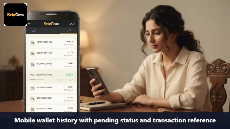 Mobile wallet history with pending status and transaction reference